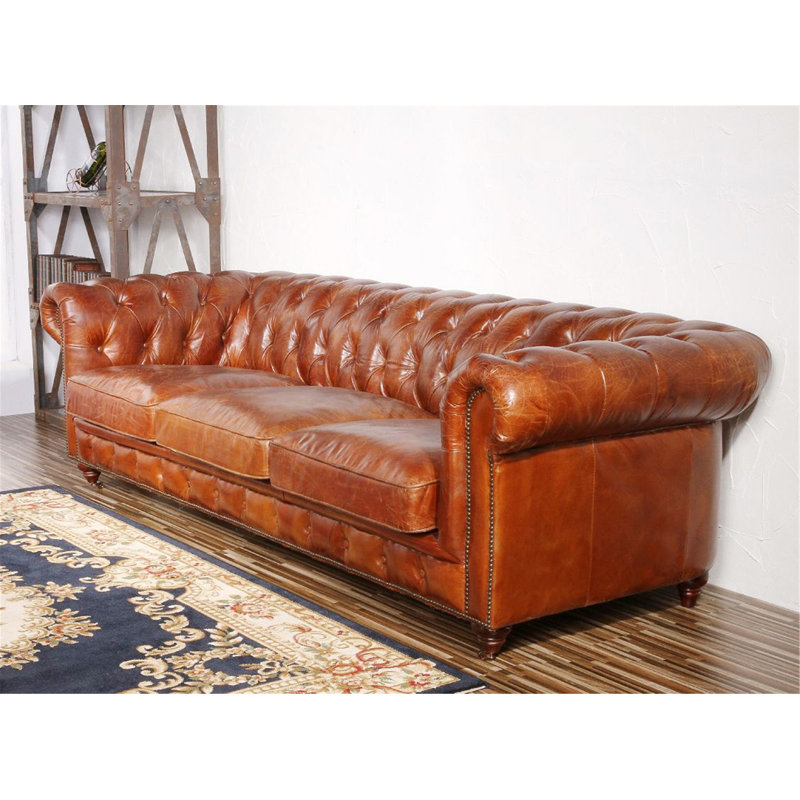 Pasargad Genuine Leather Chesterfield 96" Rolled Arm Sofa & Reviews
